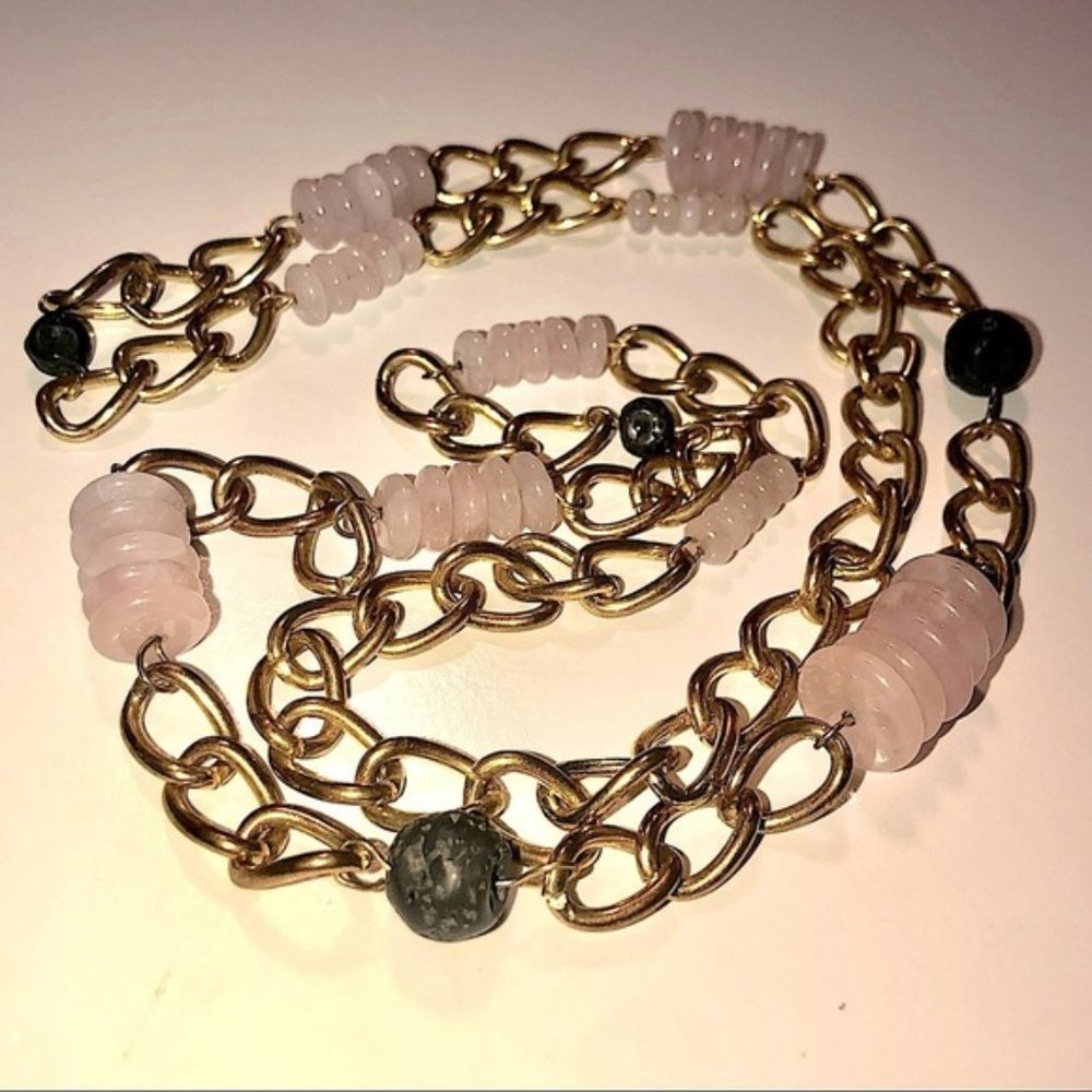 REAL Rose Quartz Donut & Round Lava Rock Beads Gold Tone Endless Chain 36”